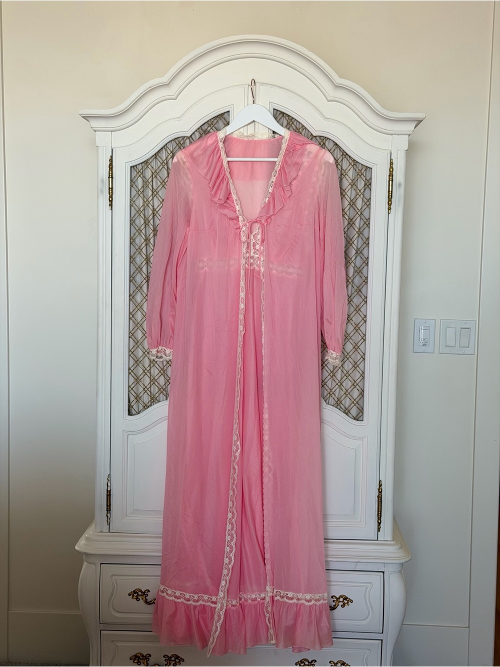 Sheer Pink Vintage Lace-Trim Long Peignoir Set - Women's Intimates